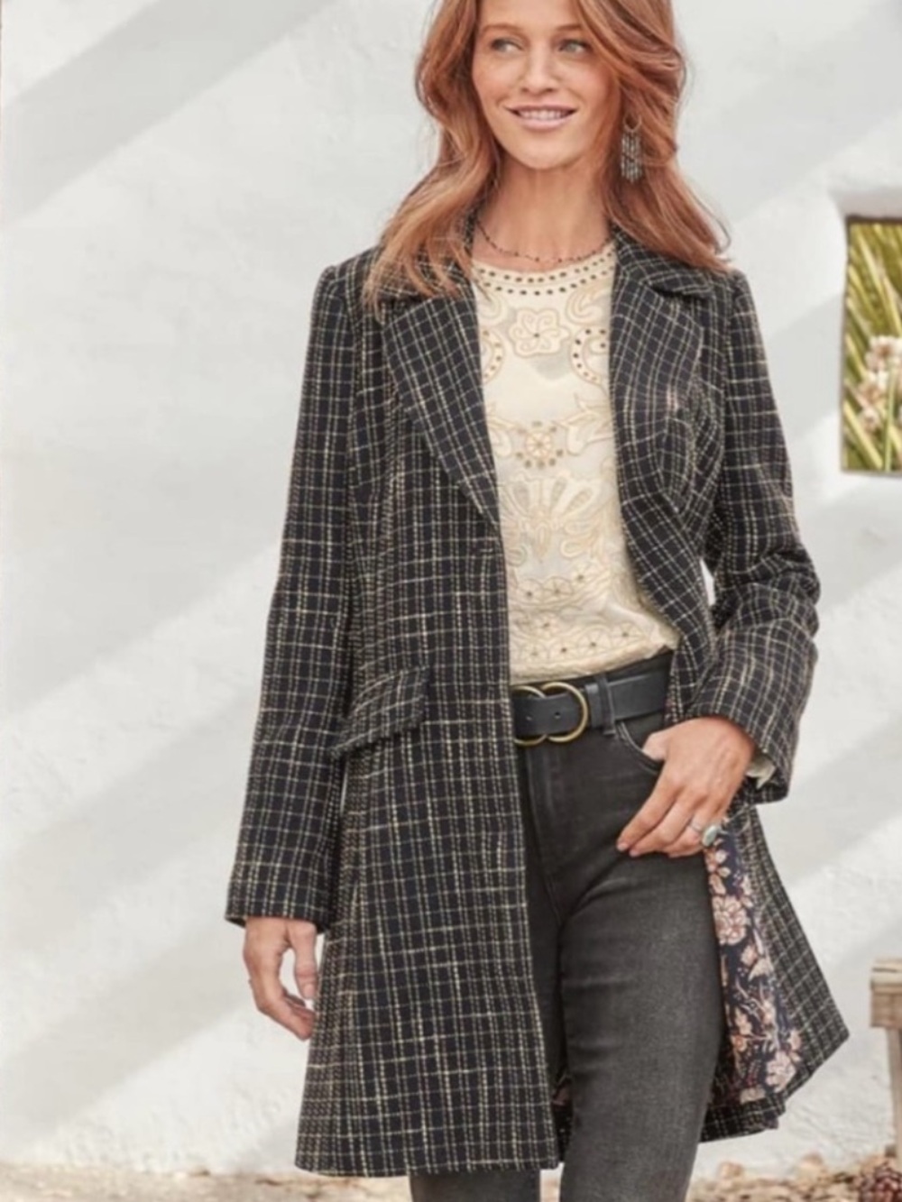 Sundance Catalog Jackson Valley Topper Coat Plaid Black Cream Size M